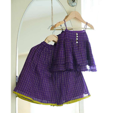 Purple Flared Frill Top With Skirt Co-Ord Set In Handwoven Checks