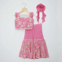 Load image into Gallery viewer, Pink Sequins Embroidered Crop Top With Sharara &amp; Frill Dupatta

