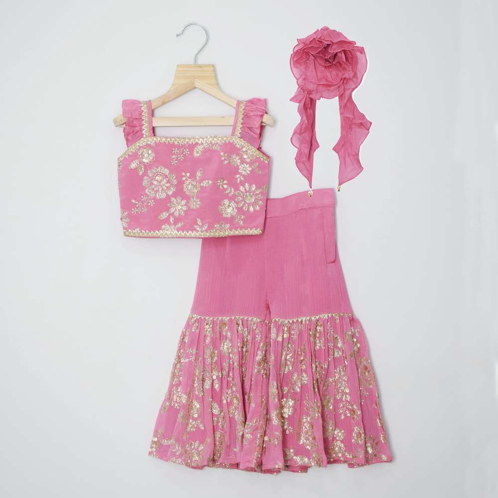 Pink Sequins Embroidered Crop Top With Sharara & Frill Dupatta