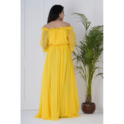 Yellow Ruffle Off Shoulder Maternity Gown