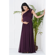 Load image into Gallery viewer, Maroon One Shoulder Pleated Maternity Gown
