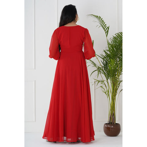 Red Overlap With Bishop Sleeves Maternity Gown