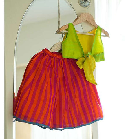Lime Green Choli With Orange & Pink Striped Skirt In Handwoven Cotton Silk