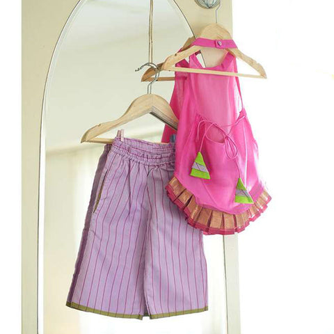 Pink Halter Top With Lilac Striped Flared Pants In Handwoven Cotton Silk