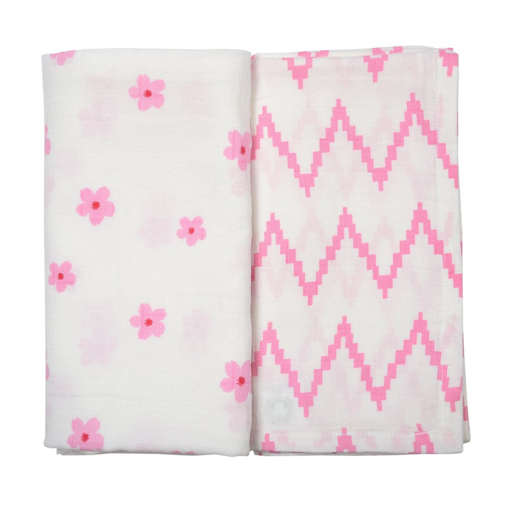 Pink Floral Printed Muslin Swaddle Pack Of 2