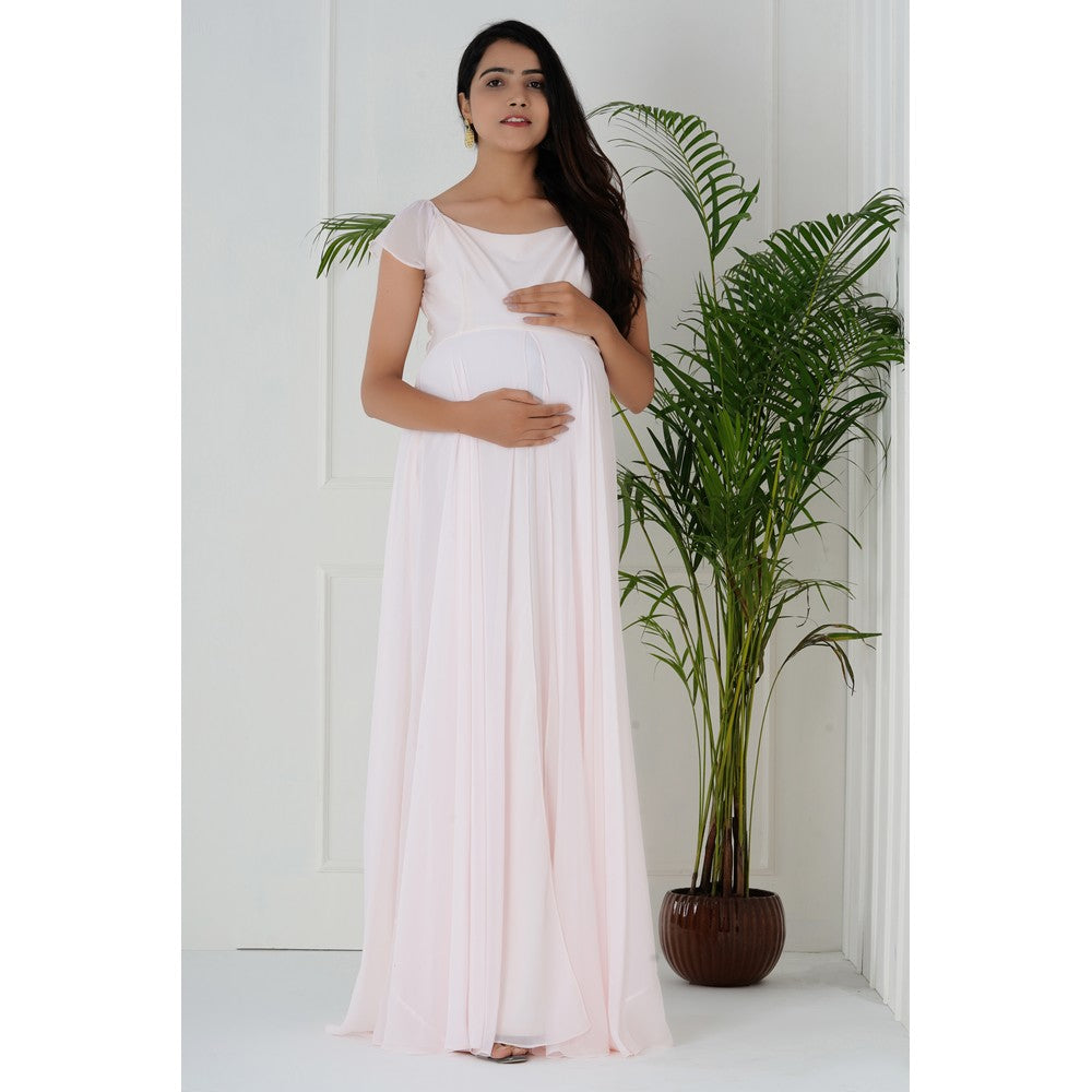 Baby Pink Georgette Short Sleeves Maternity Gown