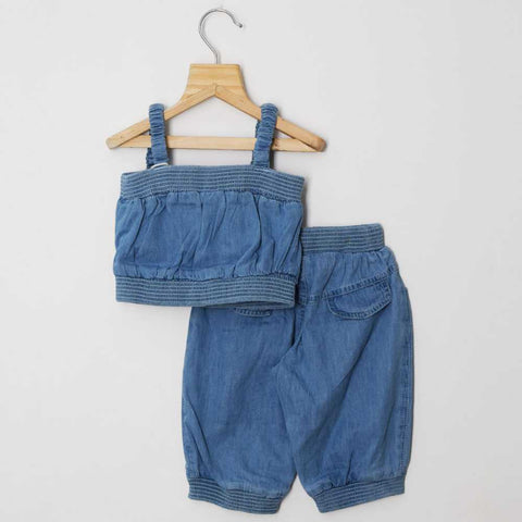 Denim Bow Crop Top With Joggers Co-Ord Set