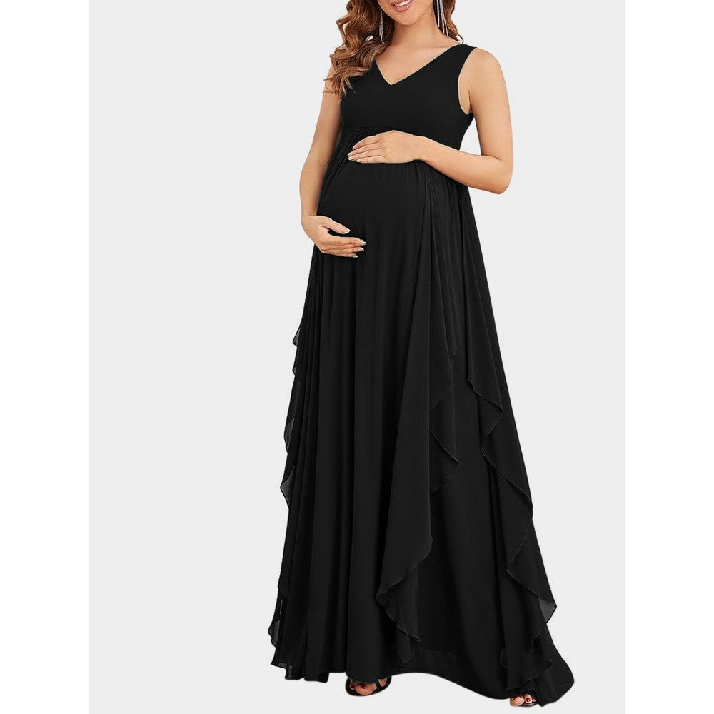 Black V Neck Ruffle Maternity Gown