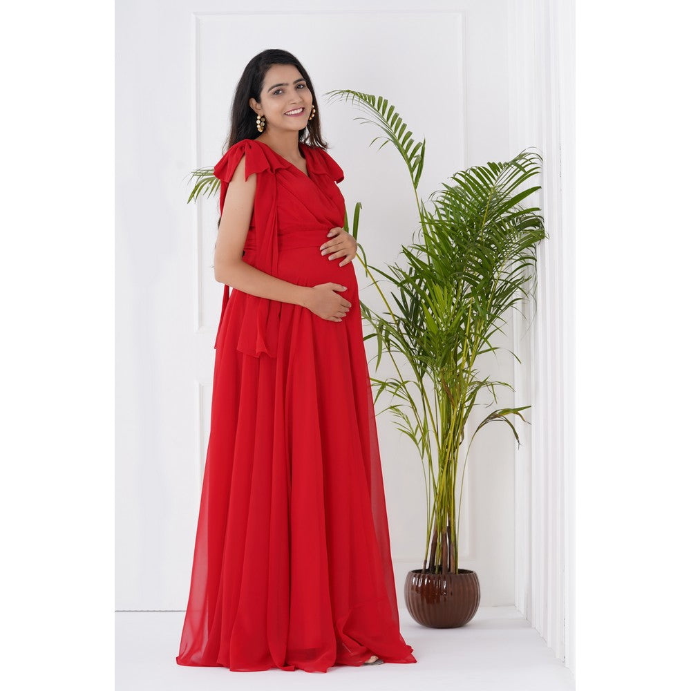 Red Bow Overlap Maternity Gown