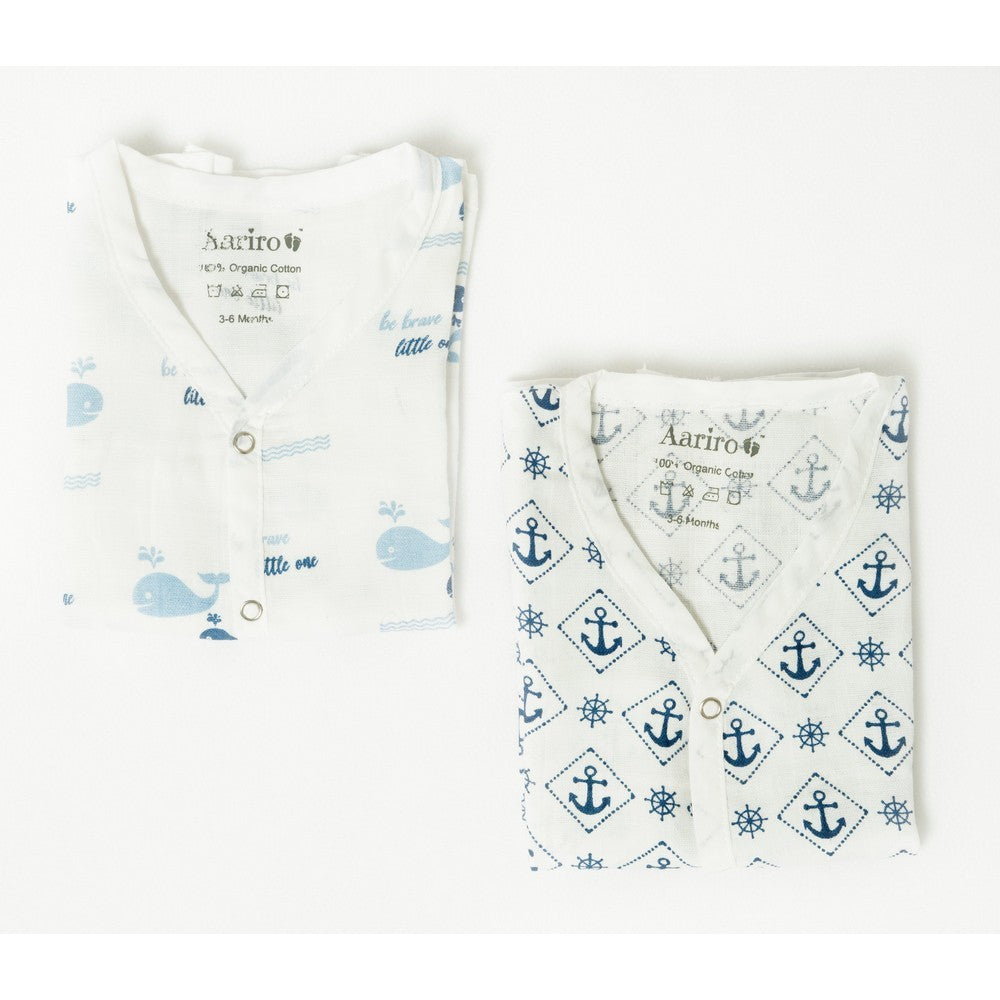 White Nautical Printed Sleeveless Muslin Jabla - Pack Of 2