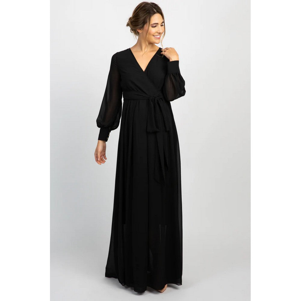 Black Overlap With Bishop Sleeves Maternity Gown