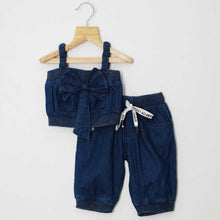 Load image into Gallery viewer, Denim Bow Crop Top With Joggers Co-Ord Set-Light &amp; Dark Blue
