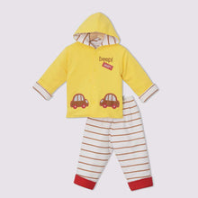 Load image into Gallery viewer, Blue &amp; Yellow Full Sleeves Hooded Winter Jacket With Lounge Pant
