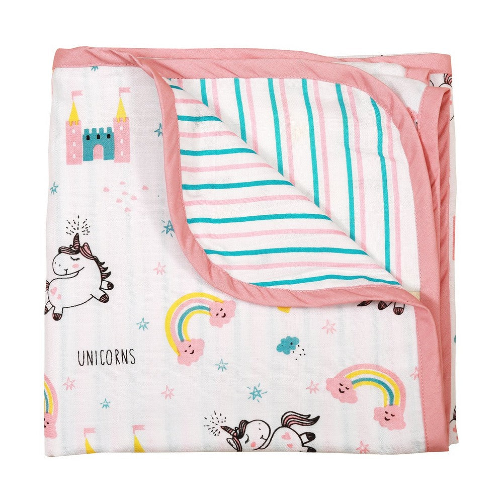 Pink Unicorn And Rainbow Printed Reversible Muslin Blanket
