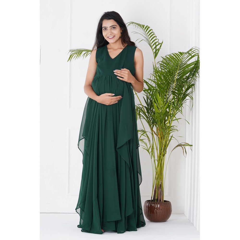 Green V Neck Ruffle Maternity Gown
