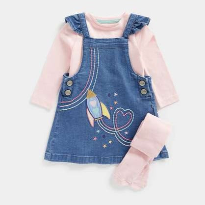 Dark Denim Rocket Embroidered Dungaree With Pink Full Sleeves Top