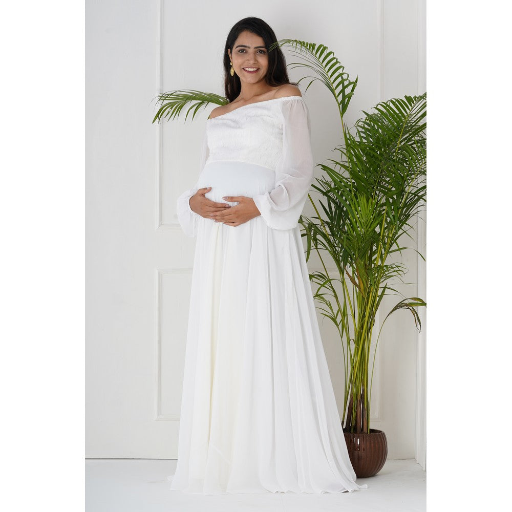 White Off Shoulder With Full Sleeves Yoke Lace Maternity Gown