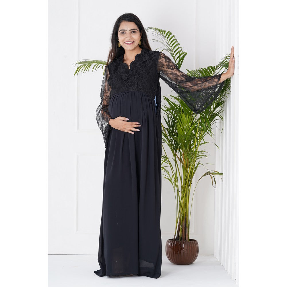 Black Lace Flared Sleeves Maternity Gown