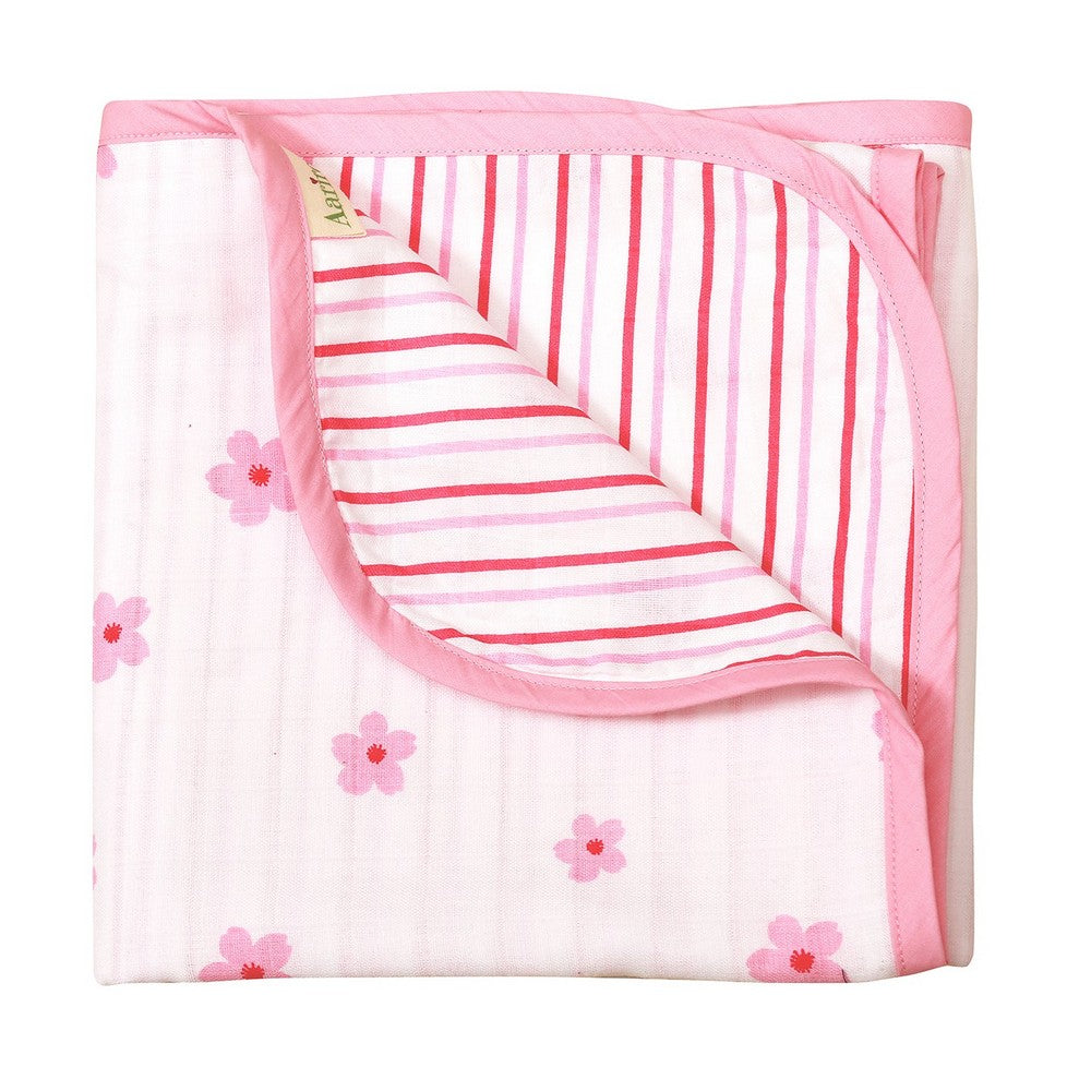 Pink Floral Printed Reversible Muslin Blanket
