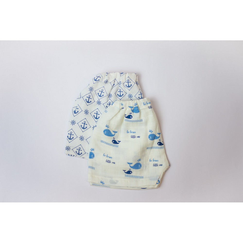 White Nautical Printed Muslin Shorts Pack Of 2