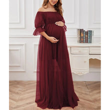 Load image into Gallery viewer, Maroon Off Shoulder Sheer Maternity Gown
