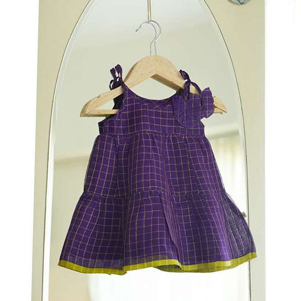 Purple Sleeveless Tiered Dress In Handwoven Cotton Silk