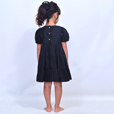 Black Chirpy Chic Embroidered Puff Sleeves Dress