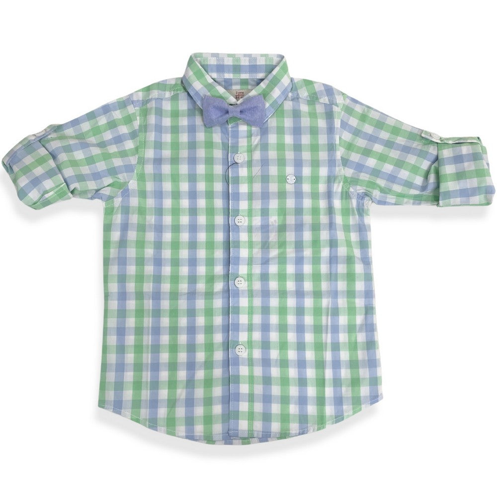 Collar Bow Green Checkered Full Sleeves Shirt