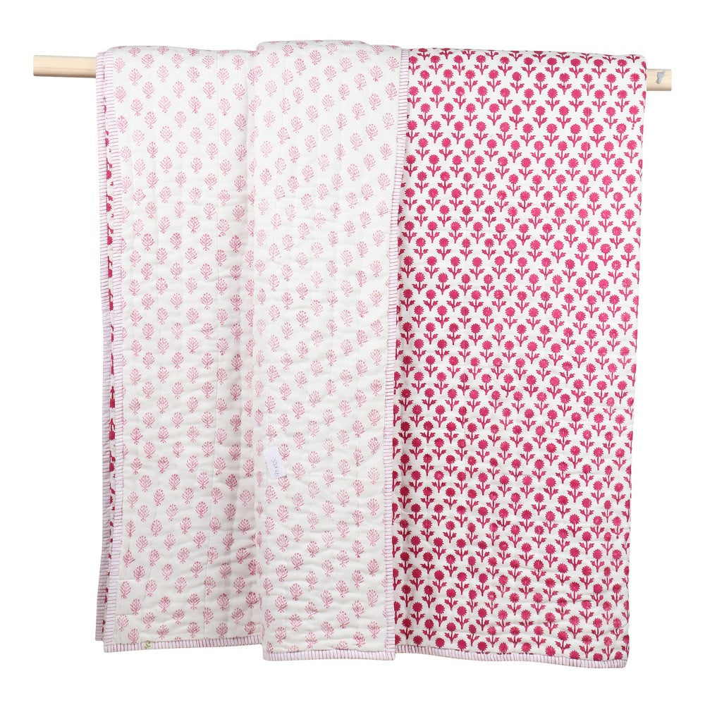 Pink Flower Hand Block Printed Quilt
