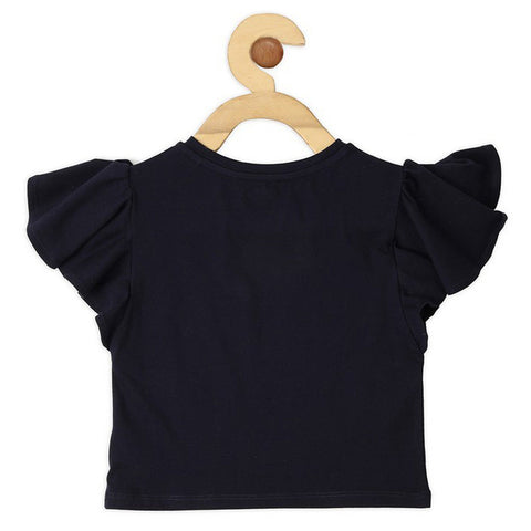 Navy Blue Graphic Printed Ruffled Top
