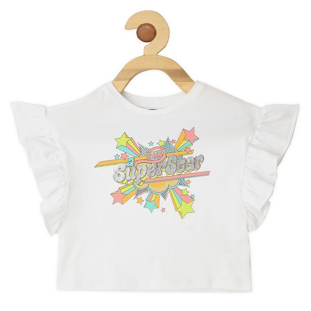 White Graphic Printed Ruffled Cotton Top