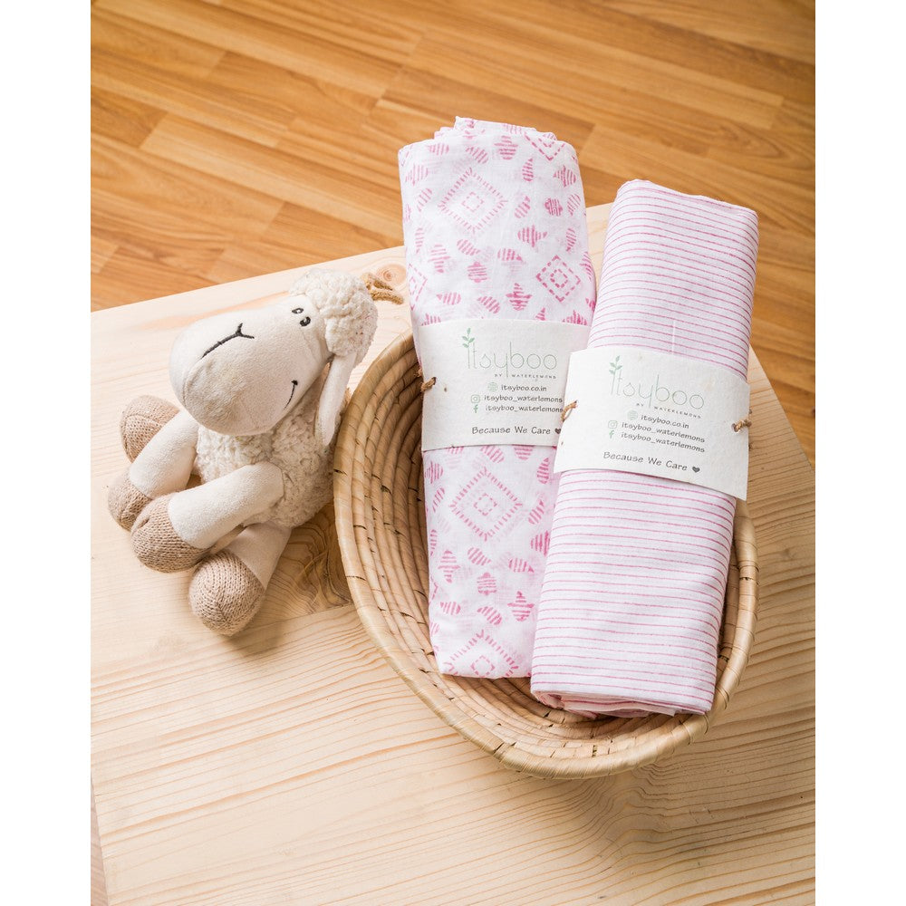 Hand Block Printed Mulmul  Swaddle  Pink Stripe And Diamond