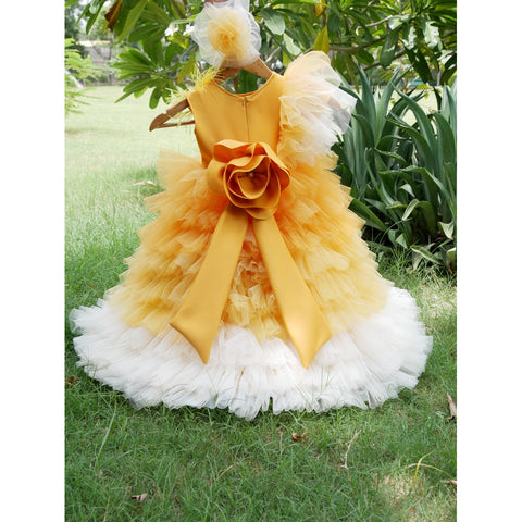 Mustard Yellow Pearl Embellished Frill Gown