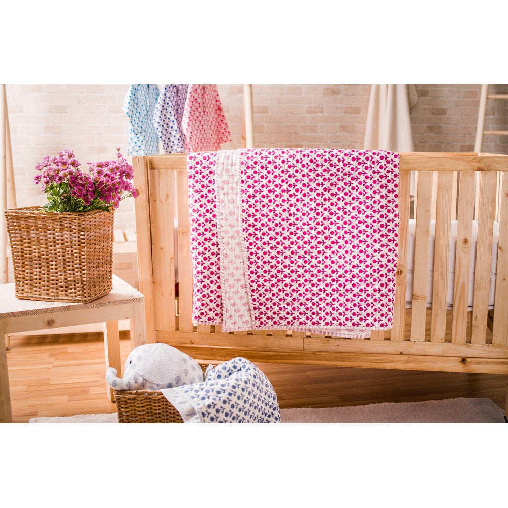 Pink Flower Hand Block Printed Quilt
