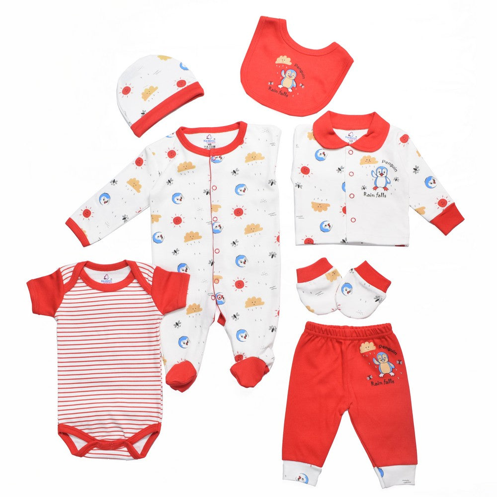 Red & White Penguin Rain Falls Theme Baby Clothing Gift Set- 7 Pieces (New Born)