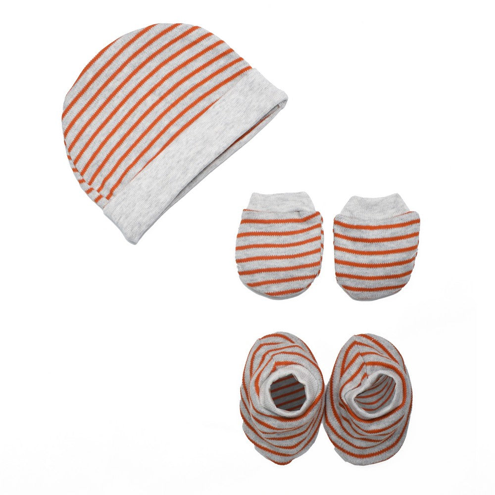 Grey & Rust Striped Cap Booties & Mittens Set For Premature Baby