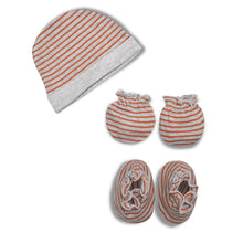 Load image into Gallery viewer, Grey &amp; Rust Striped Cap Booties &amp; Mittens Set
