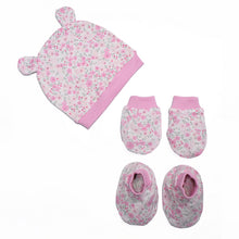 Load image into Gallery viewer, Pink Floral Cap Booties &amp; Mittens Set
