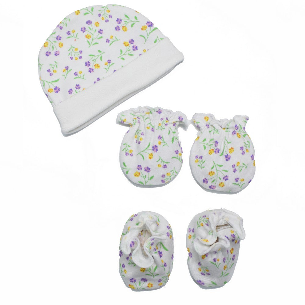 White Floral Cap Booties & Mittens Set For Premature Baby