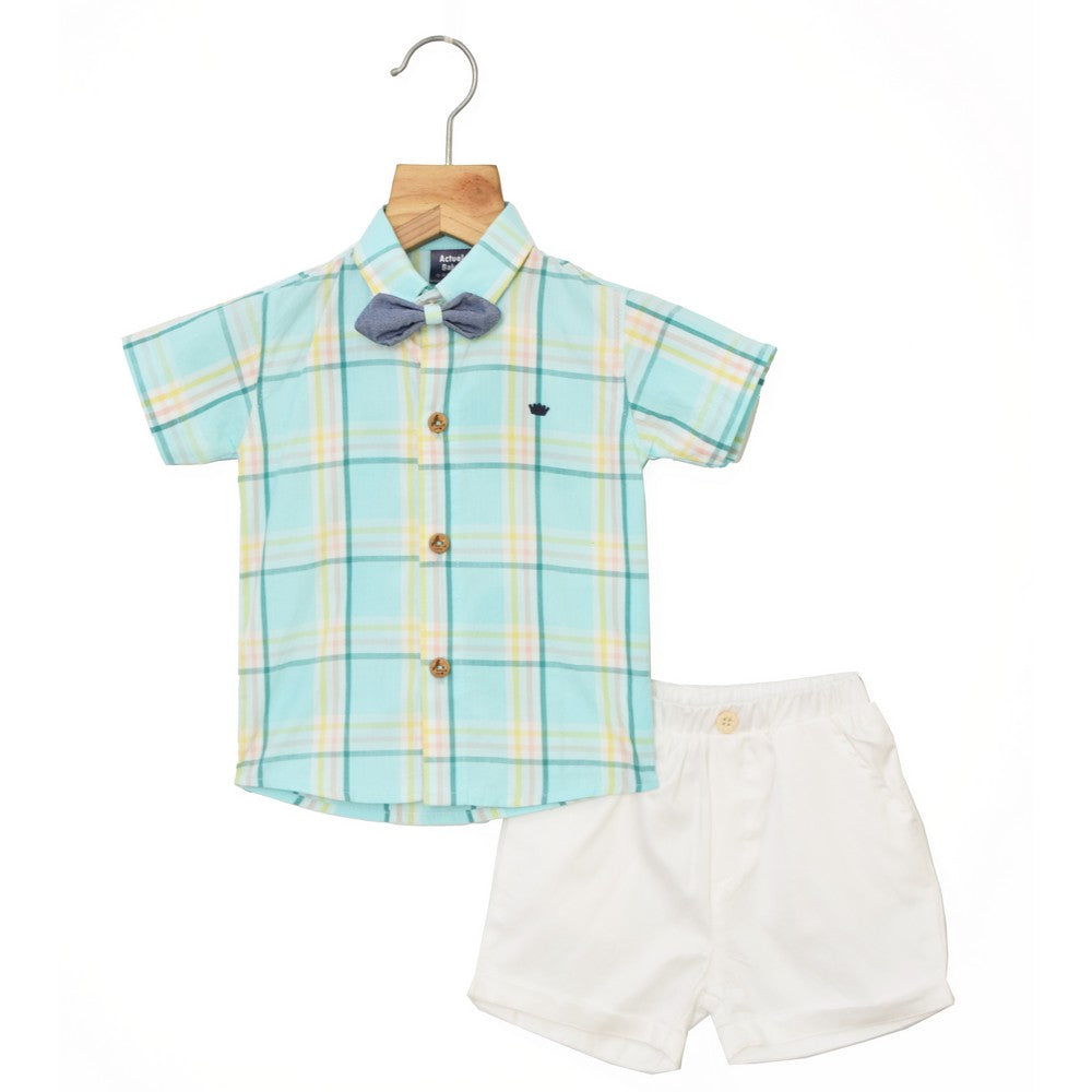 Blue Plaid Checked Shirt With White Shorts & Bow Tie