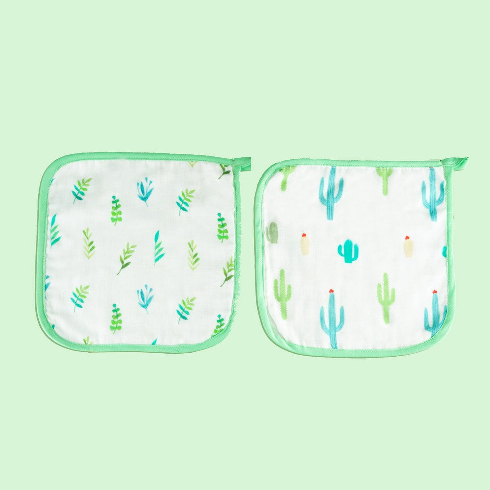 Green Leaves & Cactus Organic Washcloth- Set Of 2