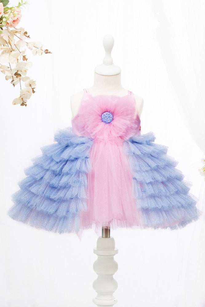 Pink And Yellow Flower Embellished And Ruffle Layered Party Frock