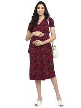 Load image into Gallery viewer, Black &amp; Red Abstract Wrap Maternity Dress
