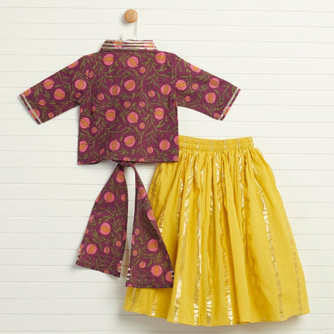 Yellow Lehengha Paired with Printed Front Tie-Up Crop Top