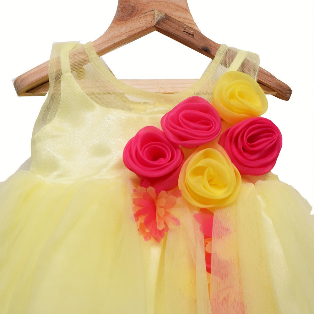 Red & Yellow Flowers Embellished Soft Net Party Frock