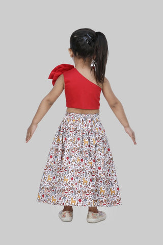 Red Bow Crop Top With Printed Skirt