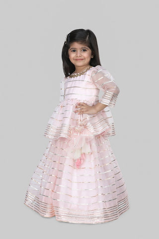 Baby Pink Organza Lace Work Peplum Top With Ghagra And Dupatta
