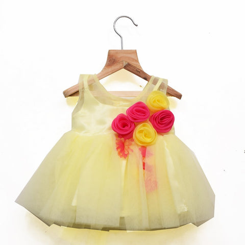 Red & Yellow Flowers Embellished Soft Net Party Frock