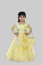 Load image into Gallery viewer, Yellow Organza Lace Work Anarkali With Dupatta And Matching Hand Bag
