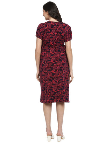 Black & Red Abstract Wrap Maternity Dress